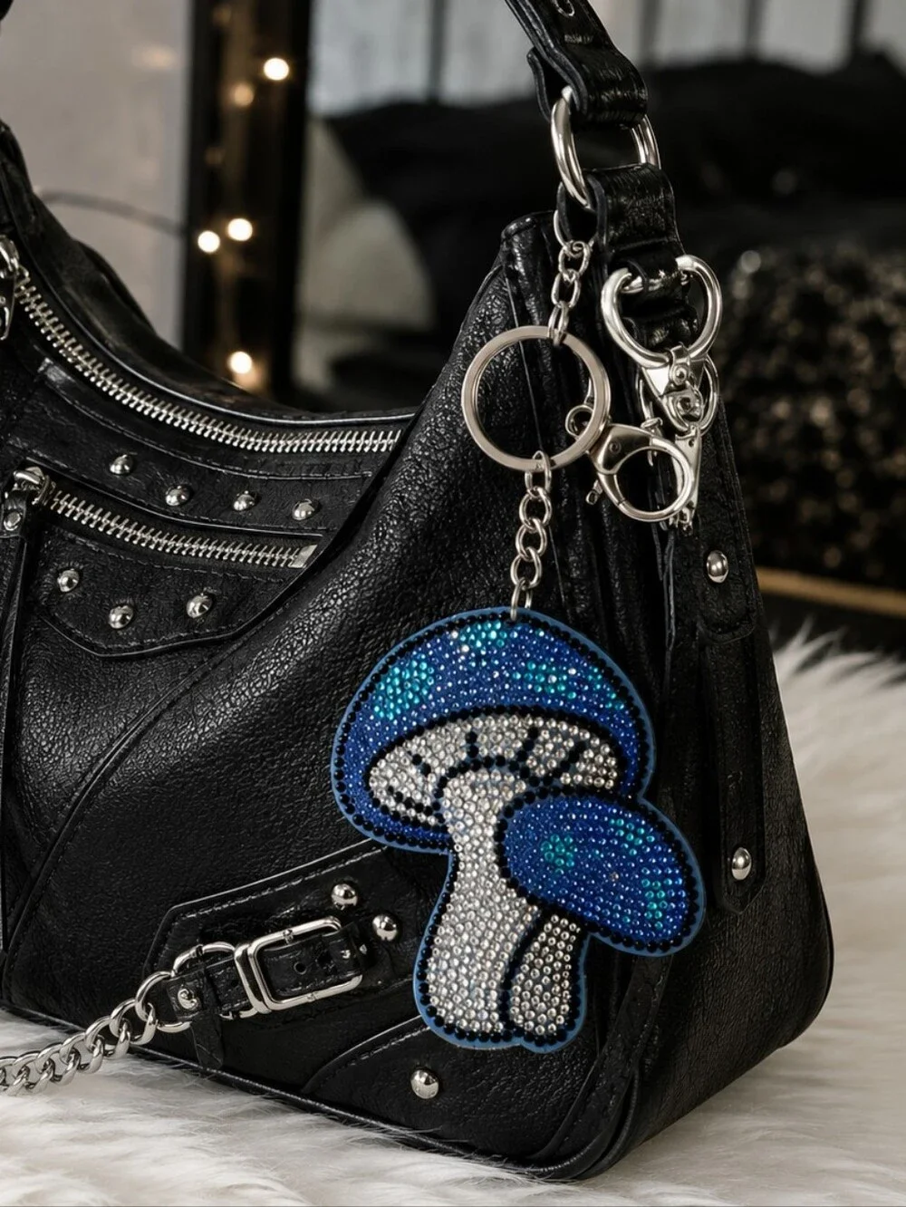 Oversized Rhinestone Mushroom Bag Charm Keychain Blue